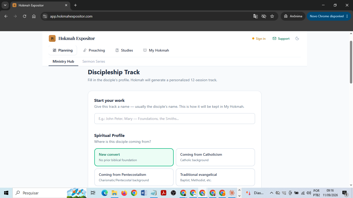 Discipleship Track screen with the track name and spiritual profile choices such as New convert, Coming from Catholicism, Coming from Pentecostalism and Traditional evangelical