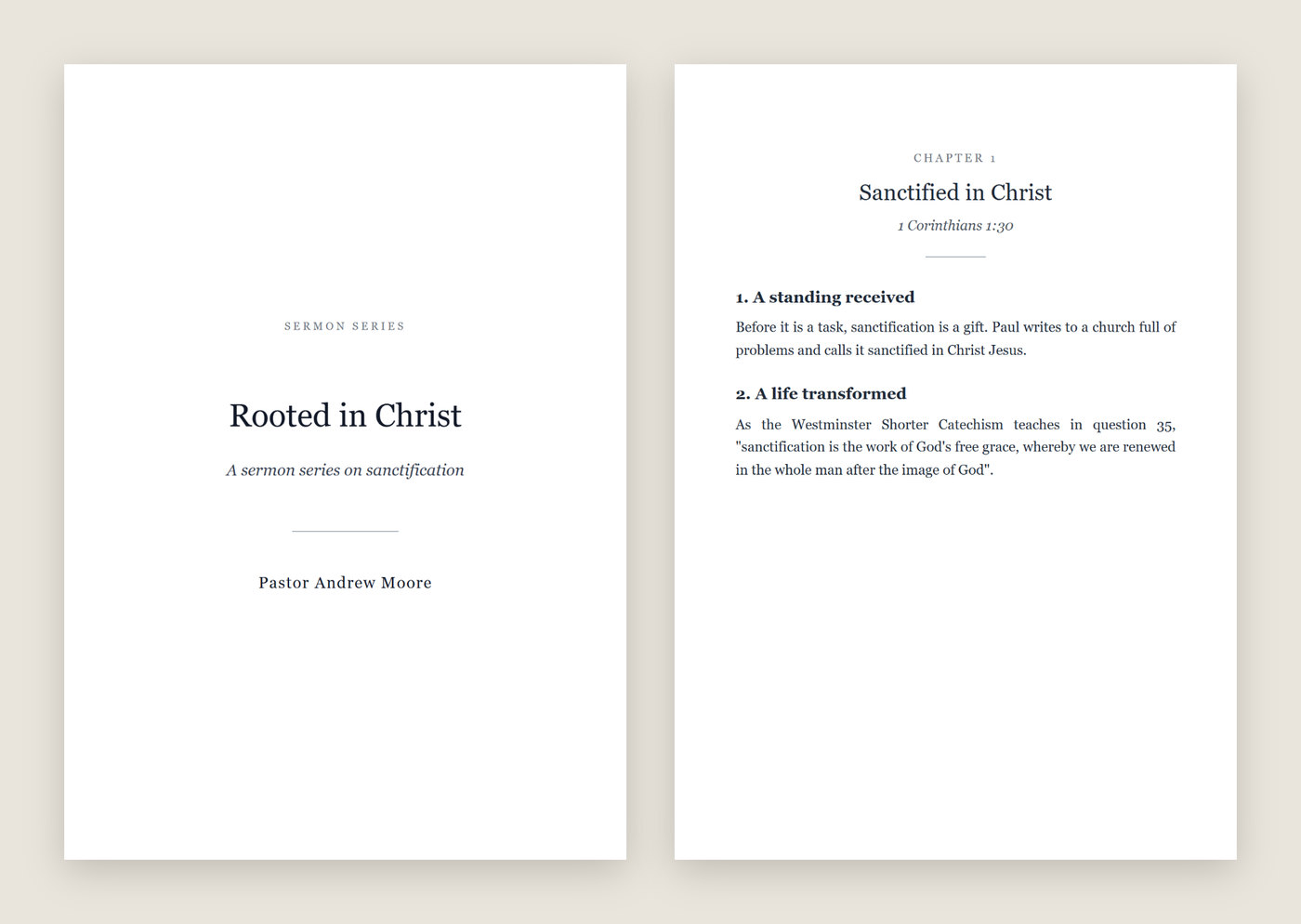 Cover and first chapter of a PDF e-book built from a sermon series