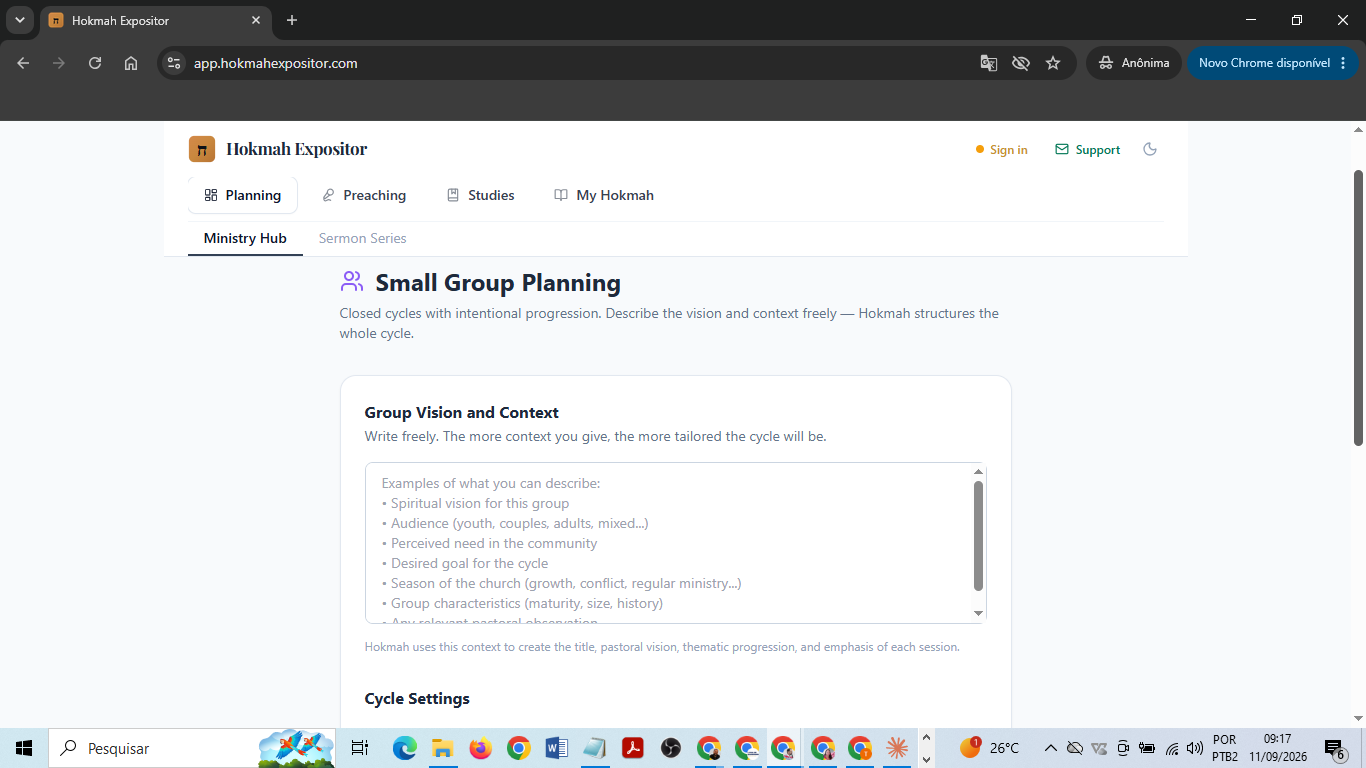 Small Group Planning screen with a field for the group vision and context and the cycle settings