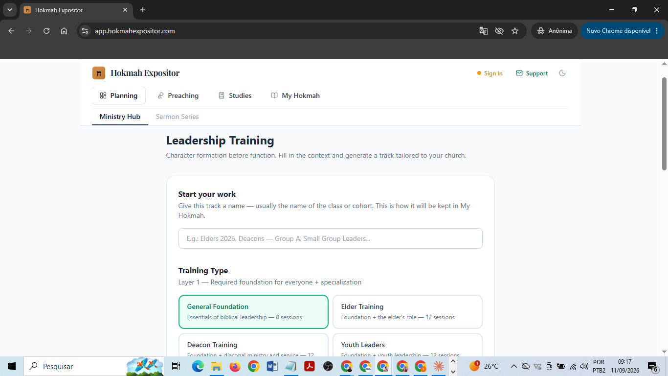 Leadership Training screen with the track name and the training types General Foundation, Elder Training, Deacon Training and Youth Leaders
