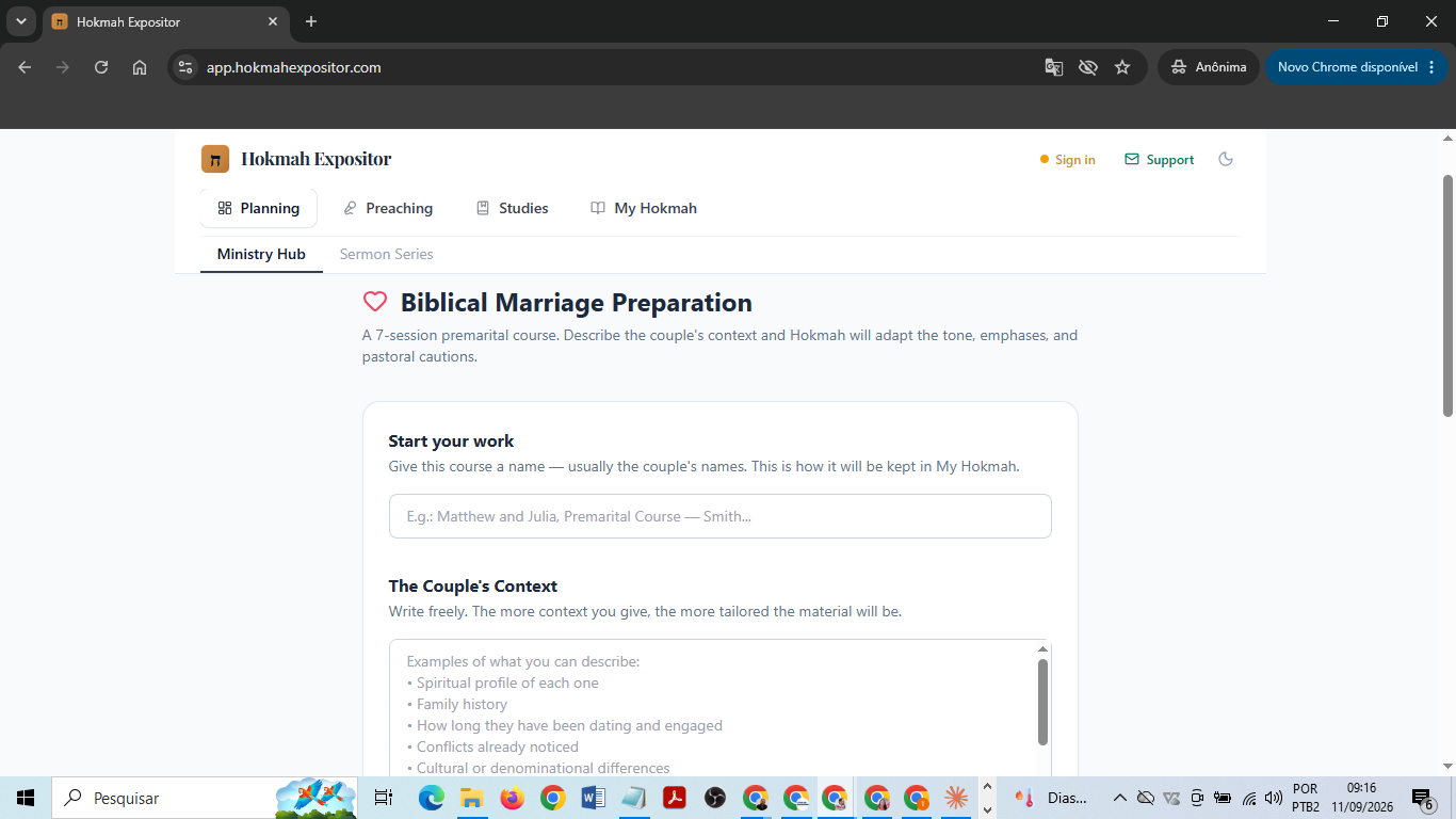 Biblical Marriage Preparation screen with the course name and a field to describe the couple's context