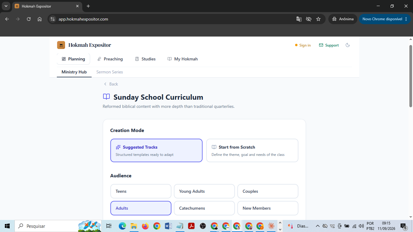 Sunday School Curriculum screen with Suggested Tracks, Start from Scratch and the audience choices Teens, Young Adults, Couples, Adults, Catechumens and New Members